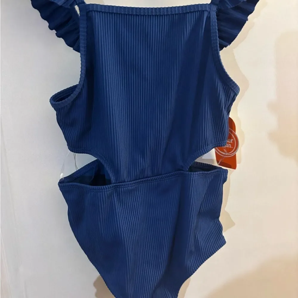 Girls Wonder Nation Blue Ruffled One-Piece Swimsuit Sz M 7/8